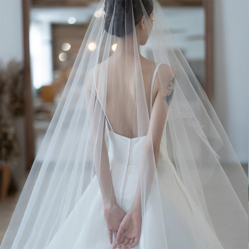 新娘结婚礼森系简约韩式超长款拖尾软纱素头纱影楼旅拍照道具裸纱