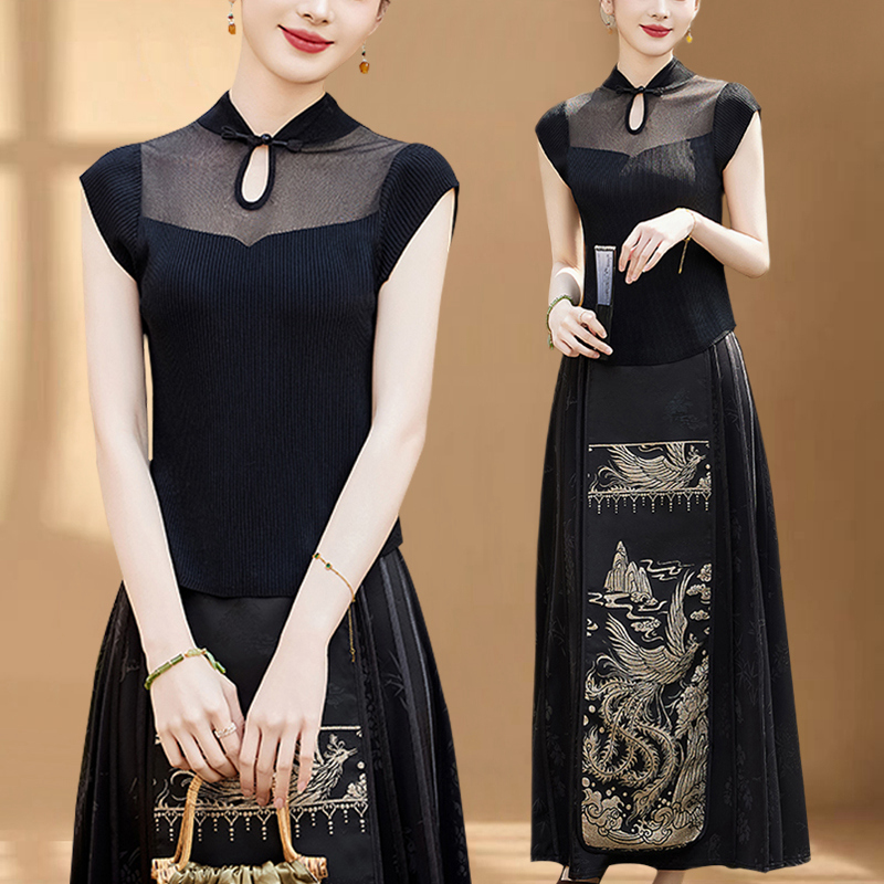 新中式轻国风马面裙套装女夏季2024高级感日常改良汉服上衣两件套