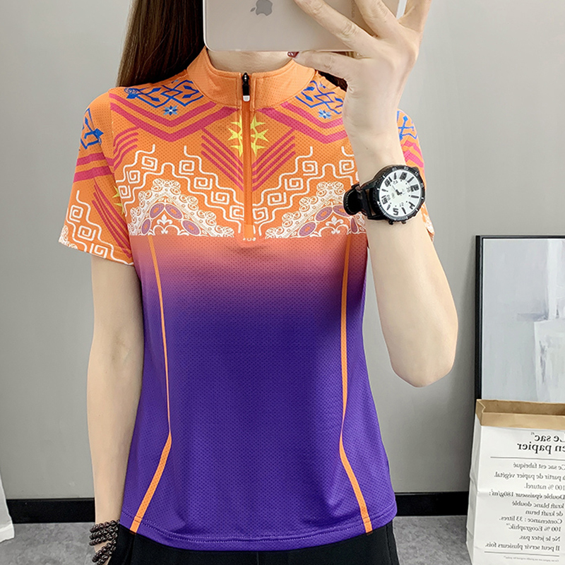 中国风印花立领速干衣T恤女户外跑步健身轻薄透气吸汗运动短袖夏