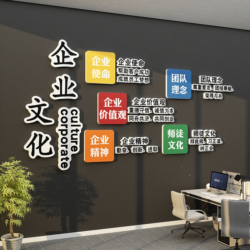 企业文化团队激励志办公室墙面贴纸标语会议背景公司装饰形象布置