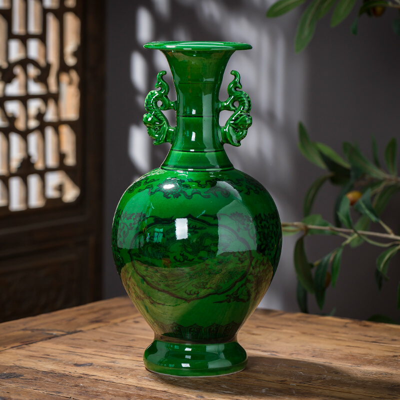 陶瓷花瓶手工翡翠绿创意插花摆件新中式家居客厅装饰品摆设