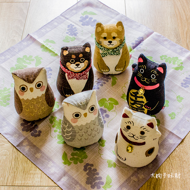 日本麻布偶娃娃招财猫猫头鹰柴犬石狮子玩具装饰摆件创意日式公仔
