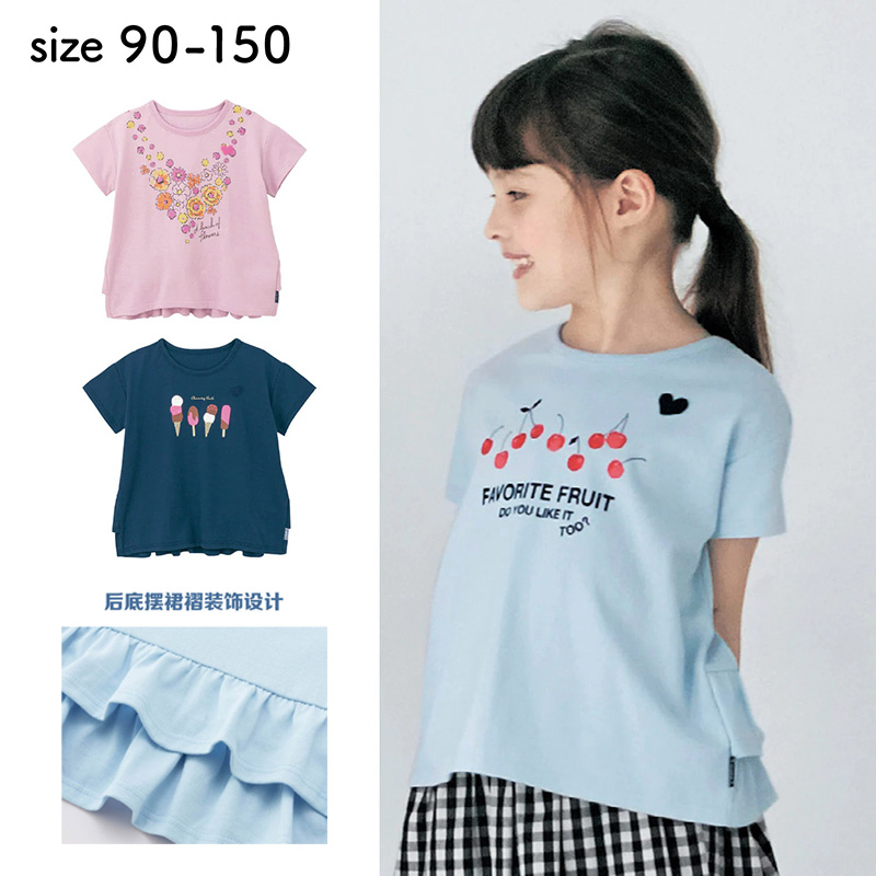 日本千家趣会外贸原单女童夏季清纯可爱 后摆抽褶设计纯棉短袖T恤