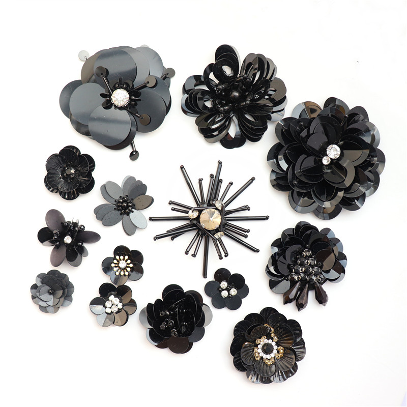 手工钉黑色珠片花朵布贴 立体百搭服装饰品补洞装饰DIY辅料