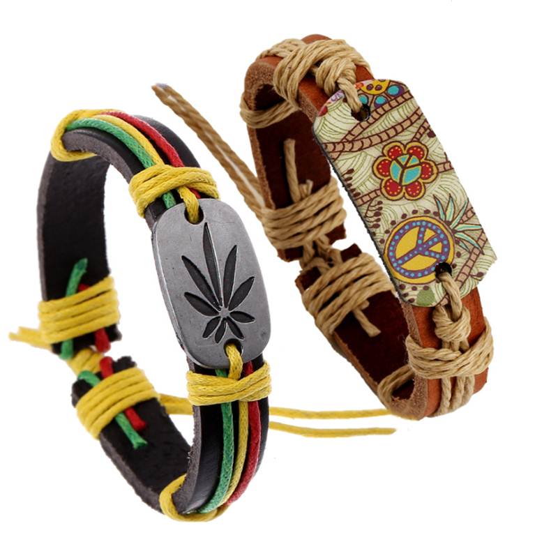 牙买加枫叶手链皮手镯嘻哈hiphop印第安复古手环男女情侣bracelet