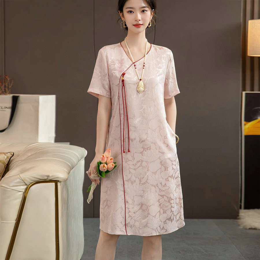 新中式钉珠真丝提花连衣裙女装夏季高端气质收腰显瘦桑蚕丝茶歇裙
