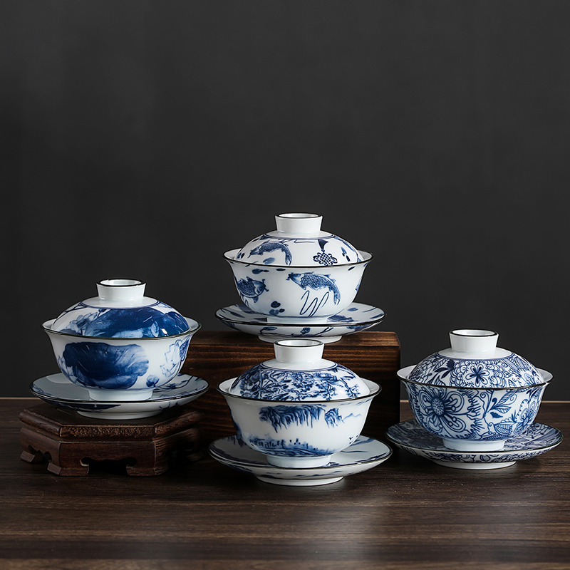 青花瓷三才功夫盖碗茶具泡茶器陶瓷个人品茗茶杯复古家用单盖碗
