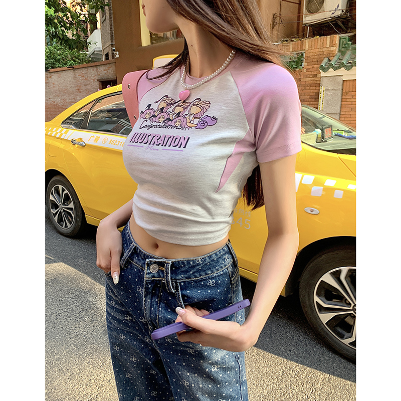 地球店香芋紫撞花灰插肩袖短款修身T恤夏女卡通印花短袖圆领上衣