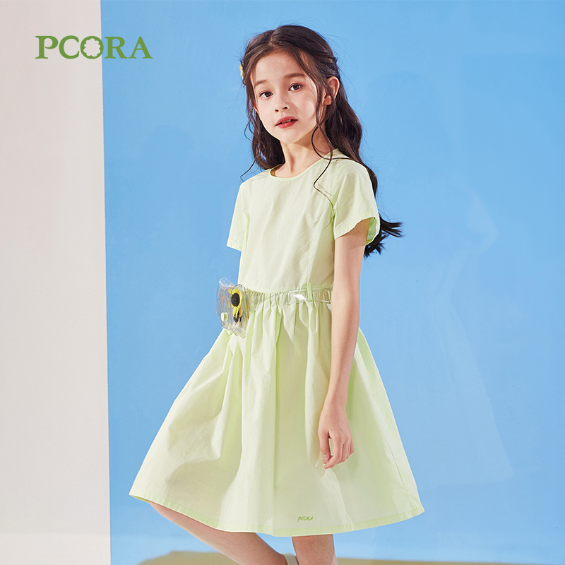 PCORA 巴柯拉童装女童连衣裙夏款短袖公主裙豆绿可爱清新时尚裙子
