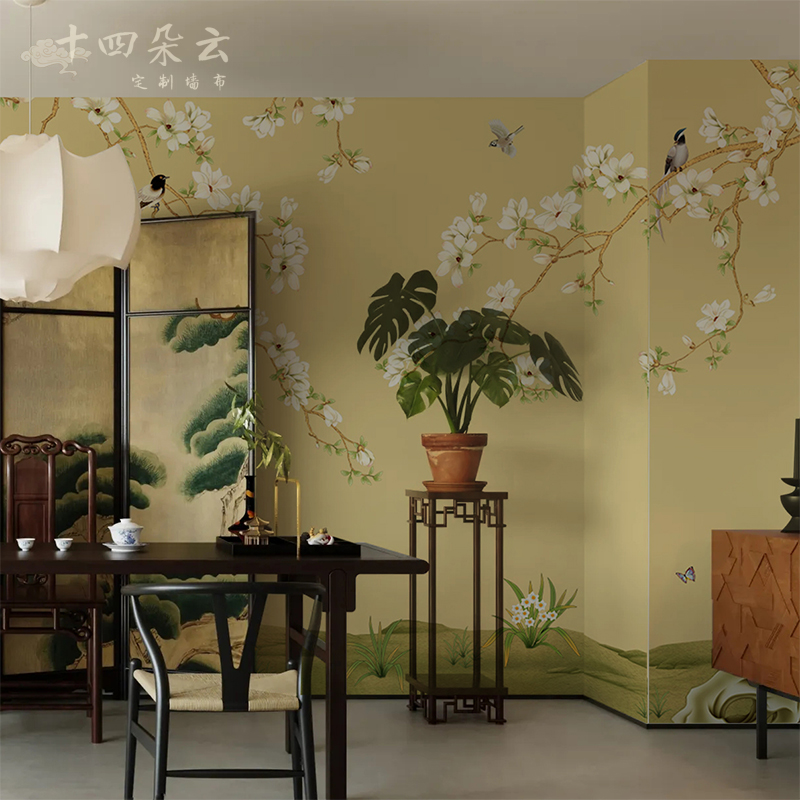 中式古典玉兰花鸟定制壁画卧室无纺布壁纸墙布客厅电视背景墙纸画