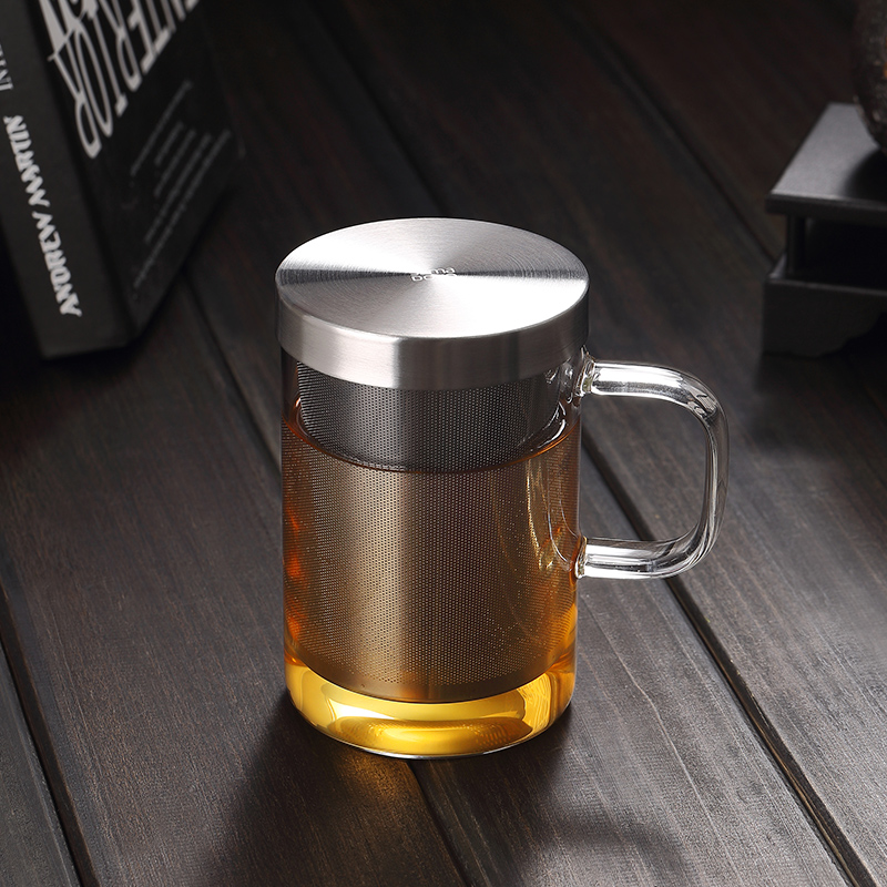 尚明玻璃花茶杯茶水分离杯办公室用泡茶杯子带盖不锈钢过滤茶杯