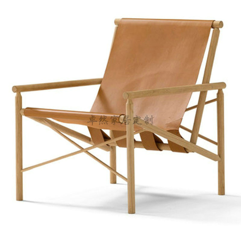 北欧简约实木午休椅设计师马鞍皮油蜡皮沙发椅创意阳台躺椅休闲椅