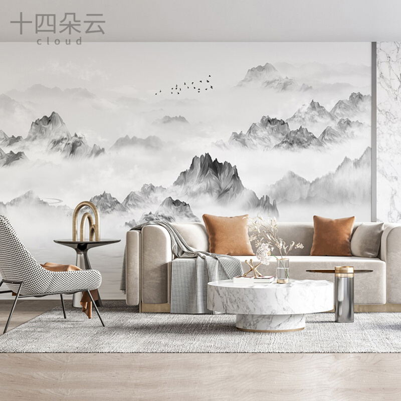 中式水墨黑白山水客厅电视背景墙壁纸 书房沙发大气定制壁画墙纸