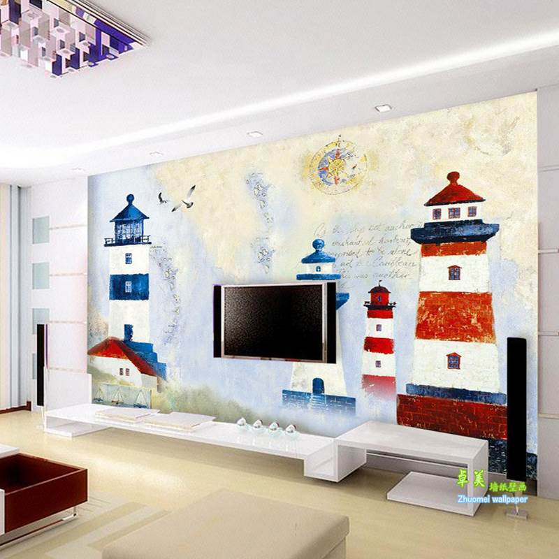 大型灯塔壁画地中海主题墙纸客厅电视背景壁纸卧室沙发全屋墙布3d