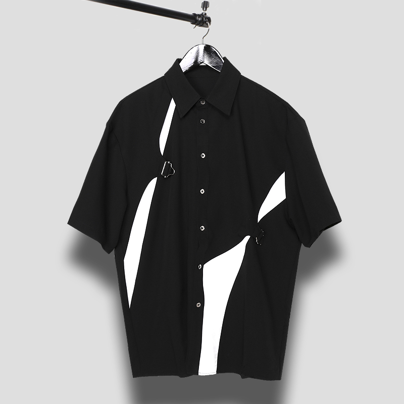 2023夏季新品暗黑系个性不规则黑白拼接金属扣设计感男士短袖衬衫