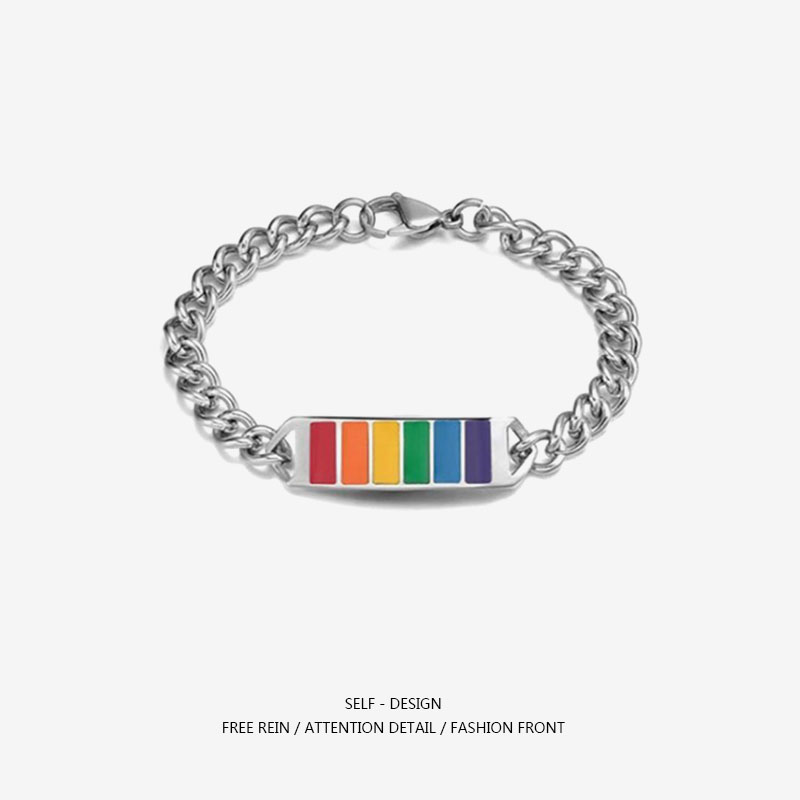 古巴链潮人个性创意钛钢不锈钢六色彩虹手链LGBT同志情侣中性饰品