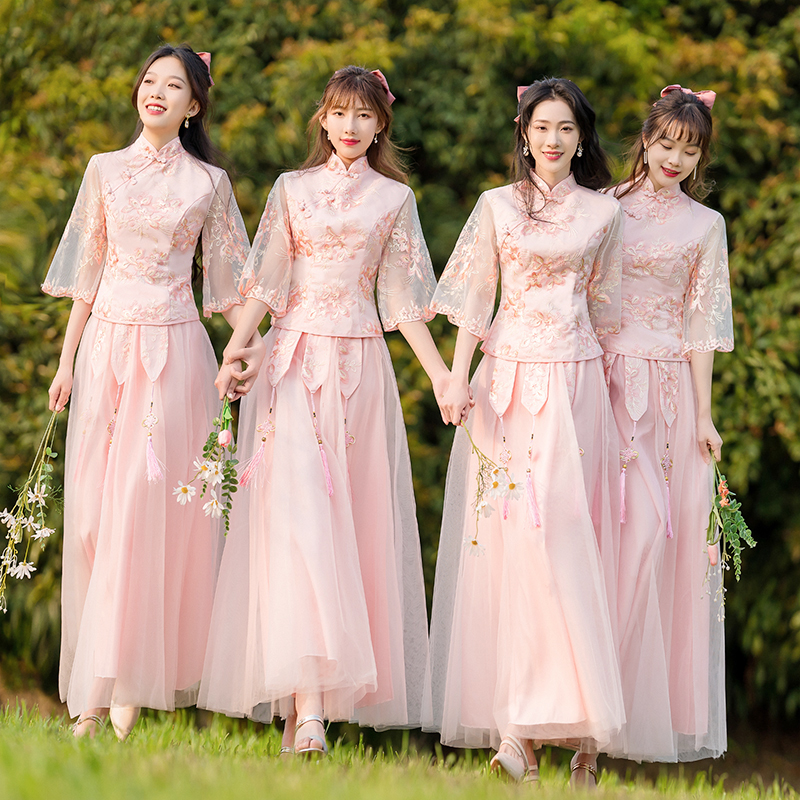 伴娘服中式2024新款夏季中国风粉色大码显瘦姐妹团结婚礼服裙旗袍