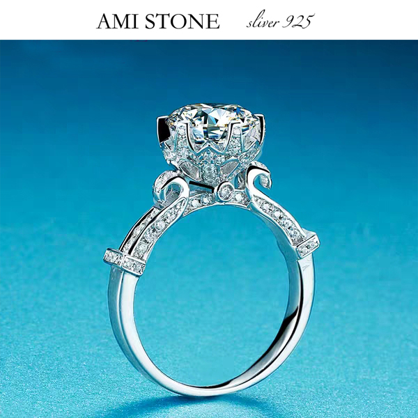 AMI STONE新品925纯银花苞高碳钻戒公主皇冠莲花2克拉轻奢女指环