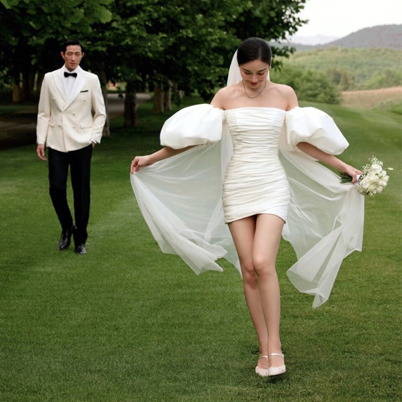 影楼主题白色时尚包臀短裙婚纱情侣户外森系摄影旅街拍照礼服便装