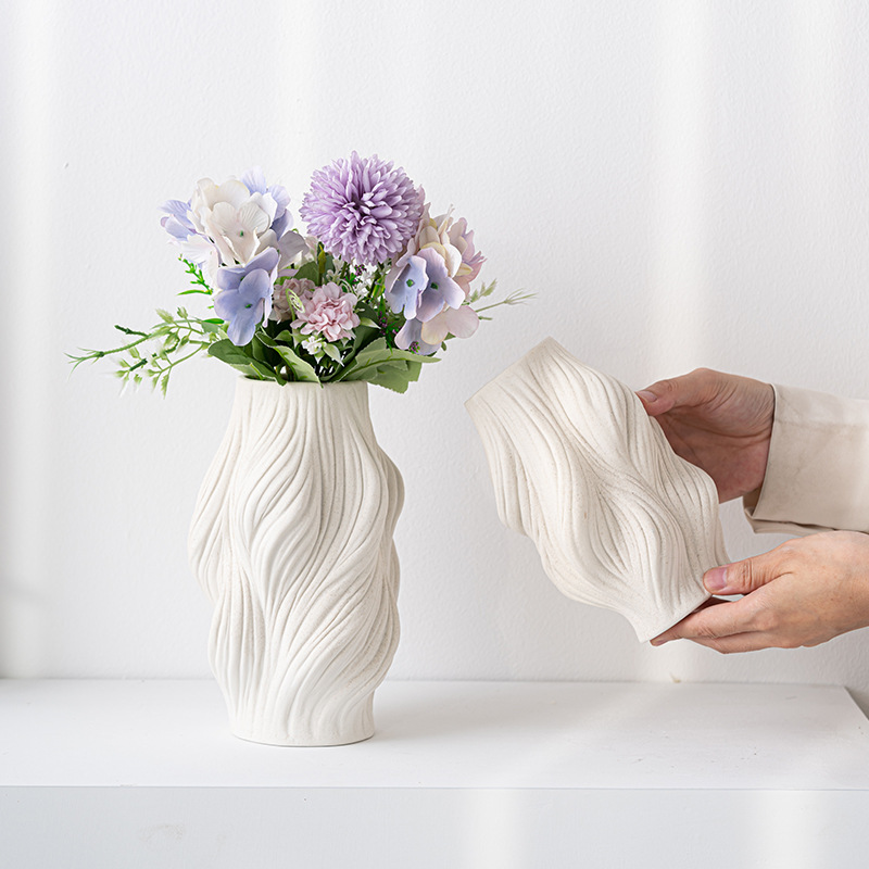 现代简约素烧陶瓷花瓶凌波纹花插家居软装饰工艺品摆件