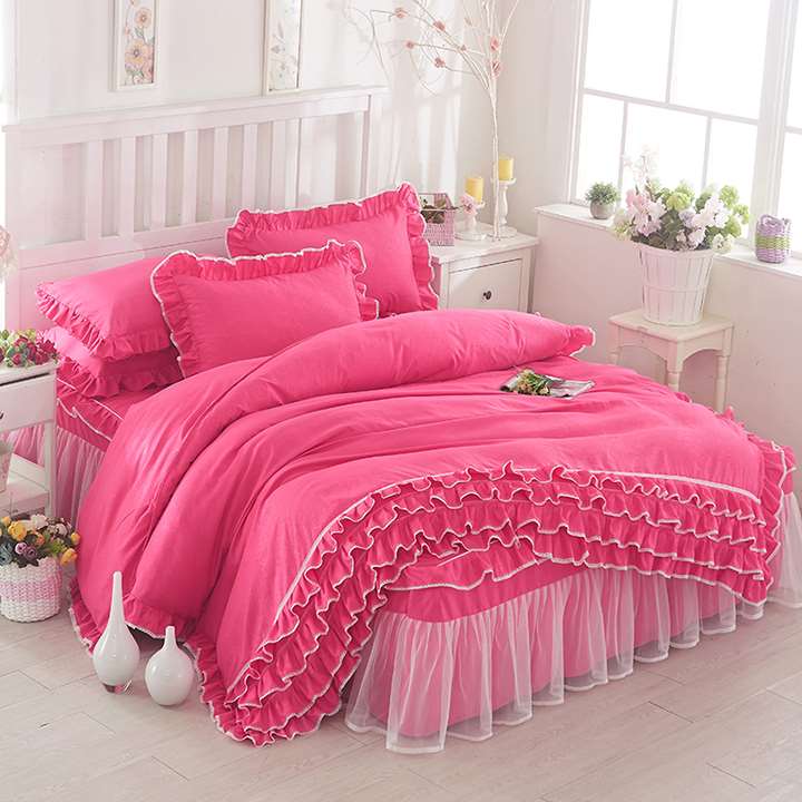 高档韩版公主蕾丝床裙式床罩式4四件套纯色花边被套床套1.5/1.8多