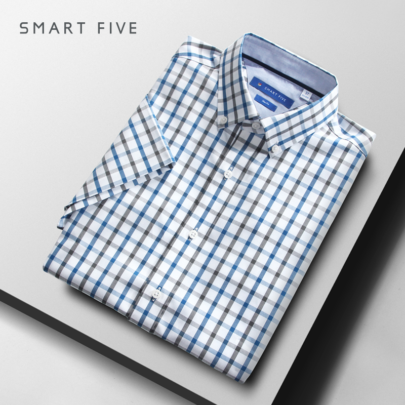 SmartFive 夏季短袖衬衫格子纯棉商务休闲免烫牛津纺透气薄款衬衣