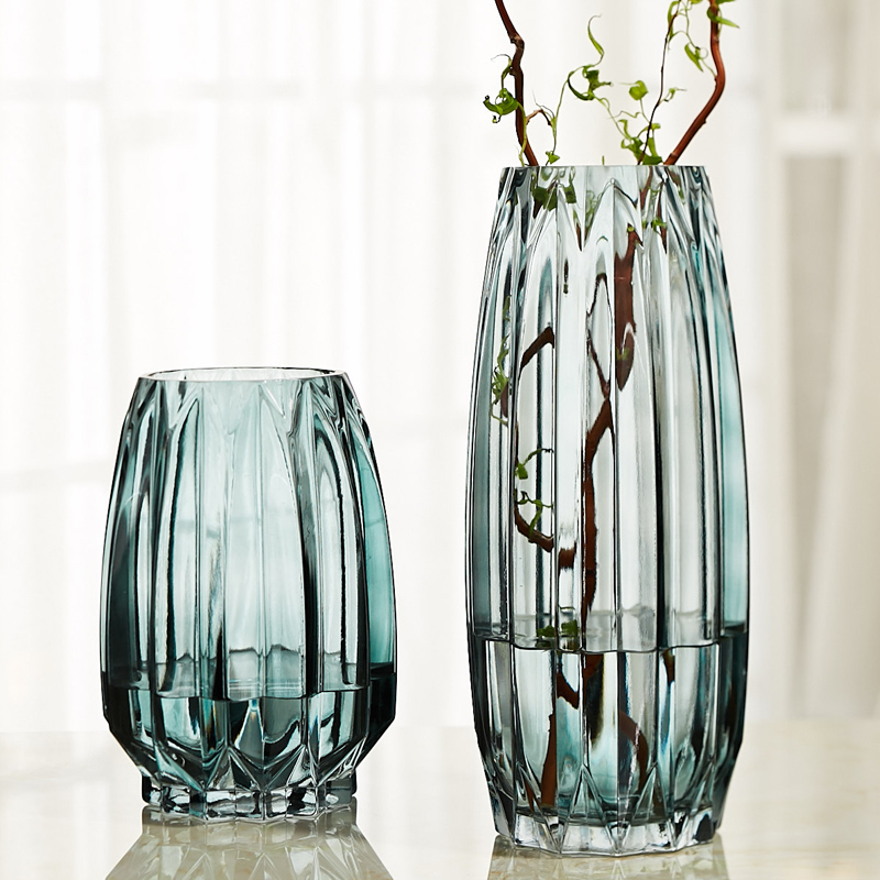 简约竖棱玻璃花瓶创意彩色透明百合花器客厅大号水养插花花瓶摆件