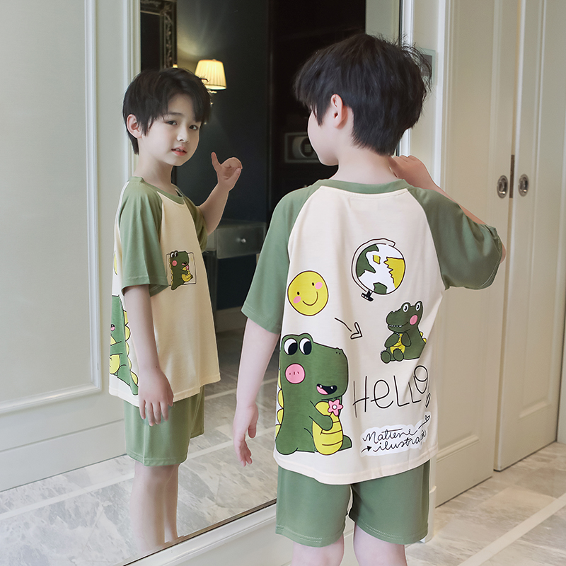 2024新款夏季儿童薄款短袖纯棉卡通恐龙睡衣中大童男孩空调房套装
