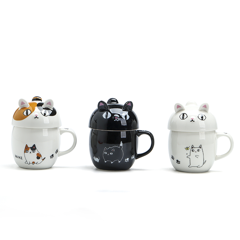 马克杯带盖设计感小众水杯日式陶瓷杯女创意卡通猫咪早餐杯咖啡杯
