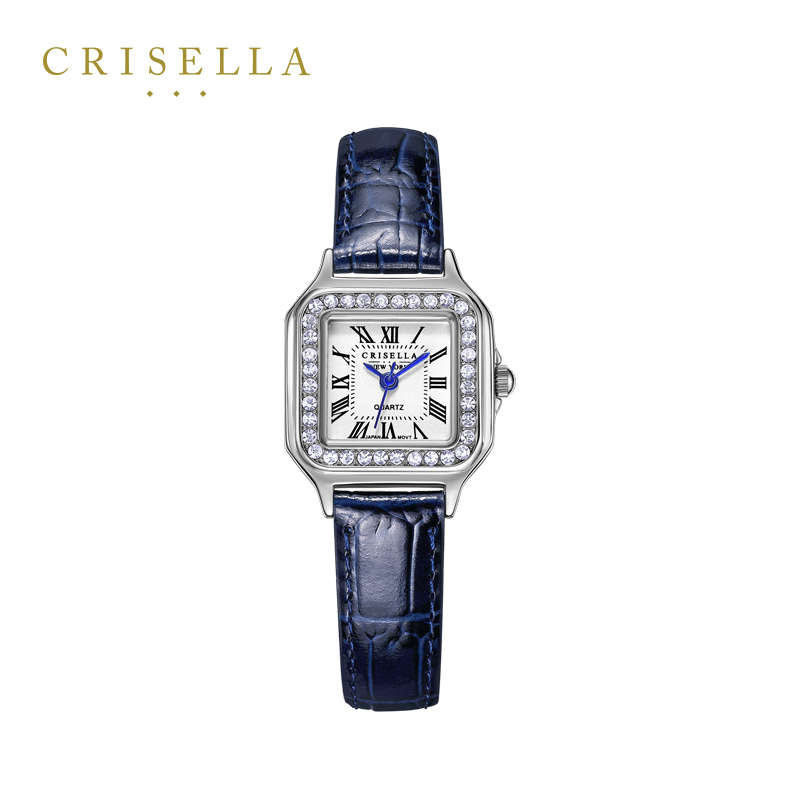 Crisella卡斯丽欧美水钻闪亮方形真皮带小红表石英复古女士手表