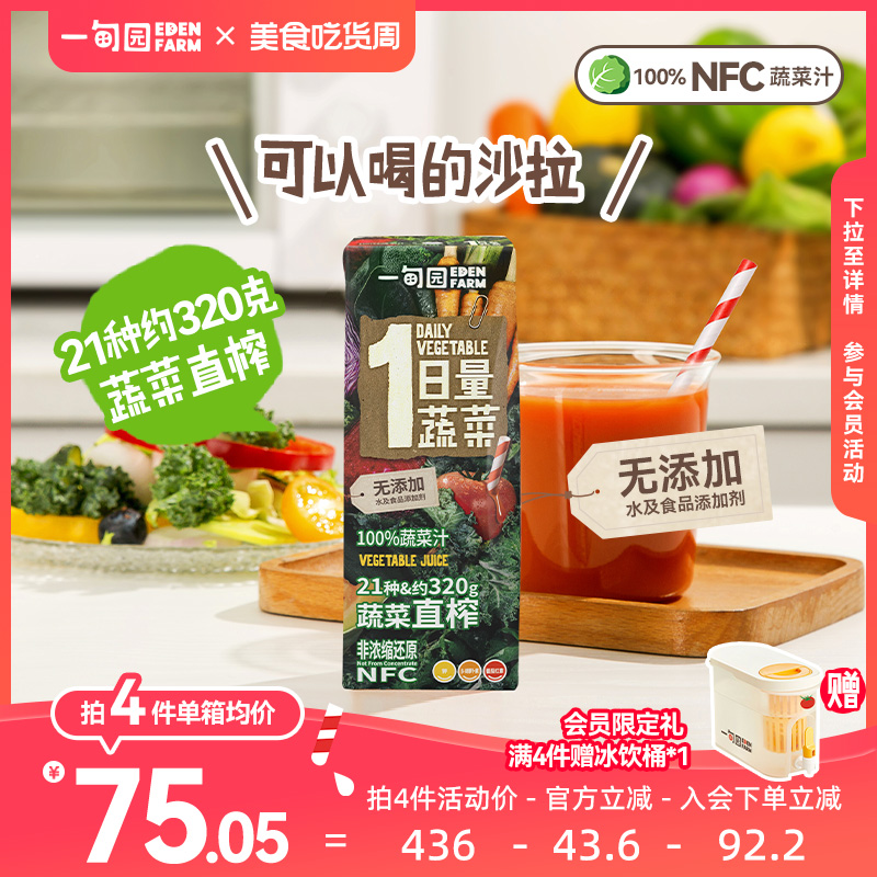 一甸园100%NFC蔬菜汁 21种约320克蔬菜直榨非浓缩还原200mL*10盒