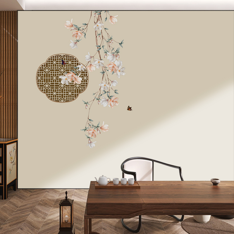新中式淡雅古筝客厅国风背景墙布茶室卧室玉兰花鸟壁画餐厅墙壁纸