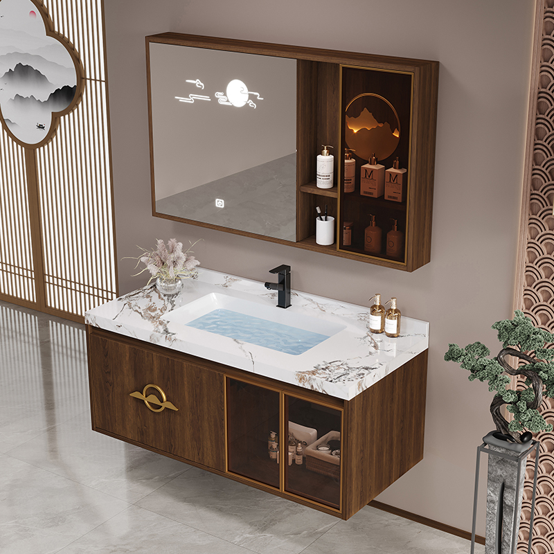 卫生间新中式岩板陶瓷无缝一体盆浴室柜组合洗手脸盆柜洗漱台套装