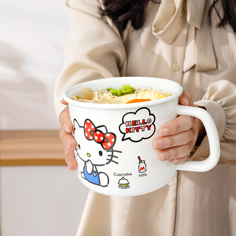 三丽鸥凯蒂猫创意珐琅搪瓷杯带两盖防摔泡面碗大容量可爱卡通汤碗