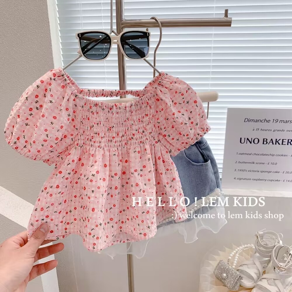 女宝宝甜美短袖2024夏季新款女童韩版法式方领洋气小红花裙式上衣