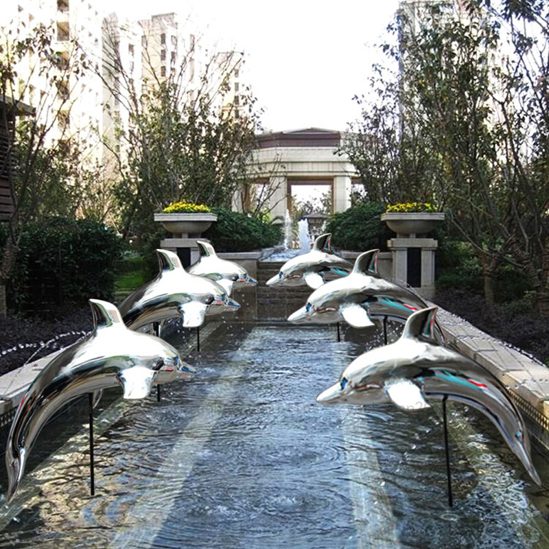 不锈钢海豚鲸鱼雕塑厂家定制订做花园林景观庭院公园水景水池造景