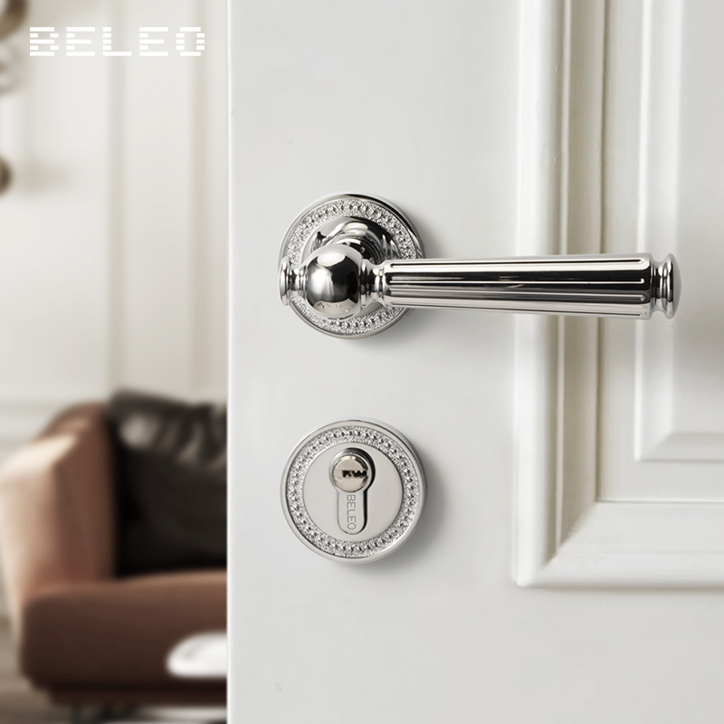 贝雷欧法式奶油风银色卧室室内锁具门把手磁吸静音双开门房间门锁