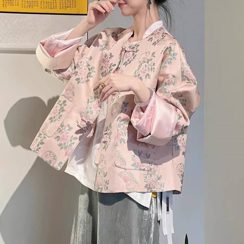 新中式女装国风宋锦上衣2024春季新款设计感气质盘扣粉色提花外套