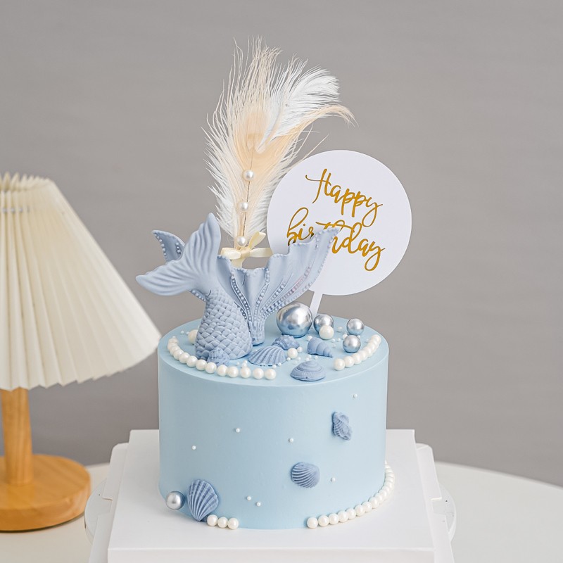 烘焙蛋糕装饰蓝色海洋系列鱼尾贝壳海星翻糖摆件鸵鸟毛亚克力插件