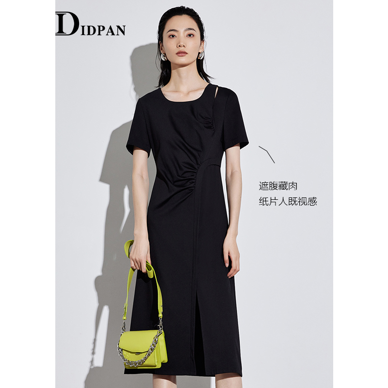 IDPAN女装夏季修身时尚设计感开叉裙摆收腰显瘦方领短袖连衣裙女