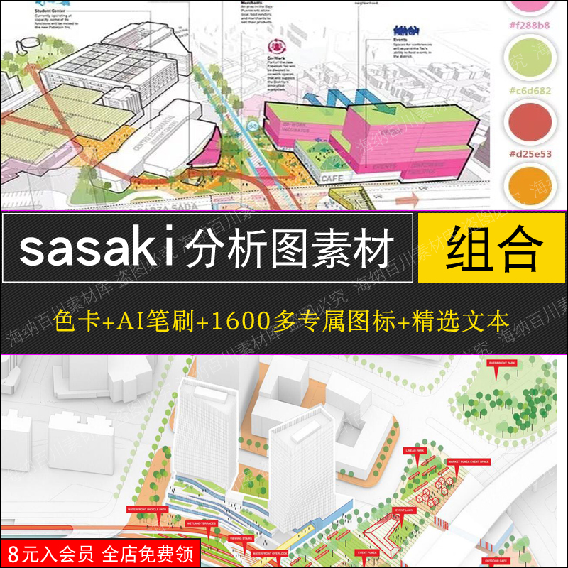SASAKI分析图素材色卡城市交通图标标识AI专属笔刷文本方案合集