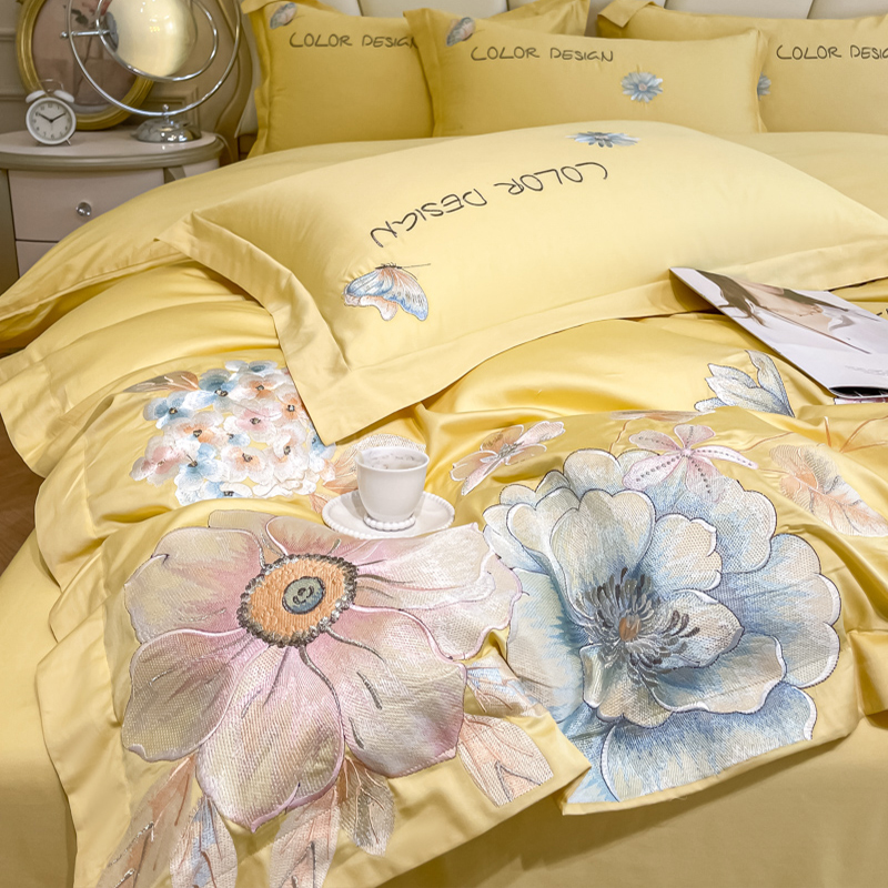 法式高级感花卉刺绣四件套全棉纯棉被套轻奢黄色床单小清新2m床品