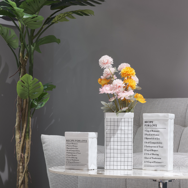 北欧仿纸盒网格字母白色陶瓷花瓶现代装饰干花水养客厅摆件插花器