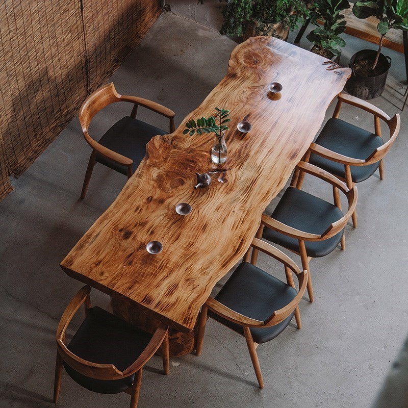 实木自然边复古功夫茶桌椅组合餐桌会议桌原木老板办公大板长条桌