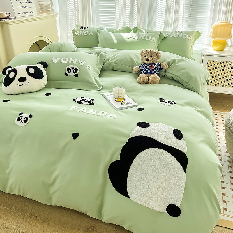 小红书推荐可爱刺绣小熊猫全棉纯棉床单款四件套床笠被套床上用品
