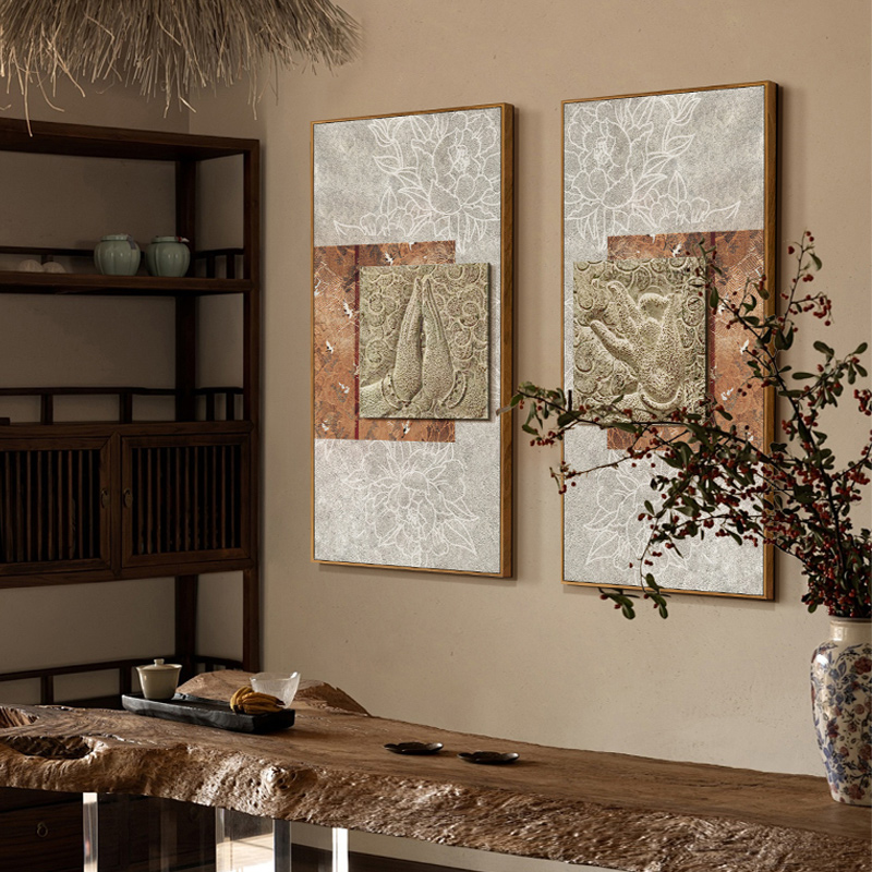 新中式茶室装饰画轻奢高级感背景墙禅意挂画玄关立体浮雕佛手壁画