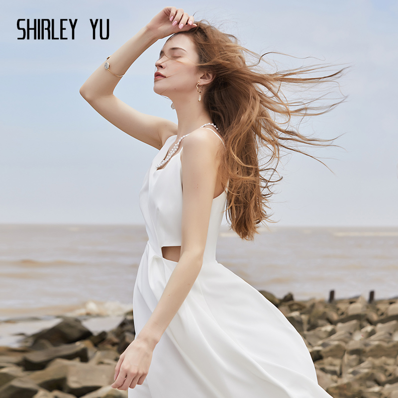 SHIRLEY YU2024春夏新款原创设计白色露腰连衣裙中长款礼服仙女系