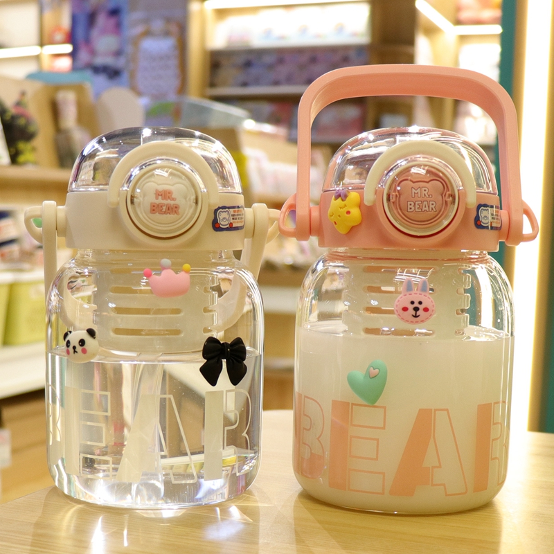 夏季大容量玻璃水杯手提便携式韩版女生高颜值带吸管水壶茶水分离
