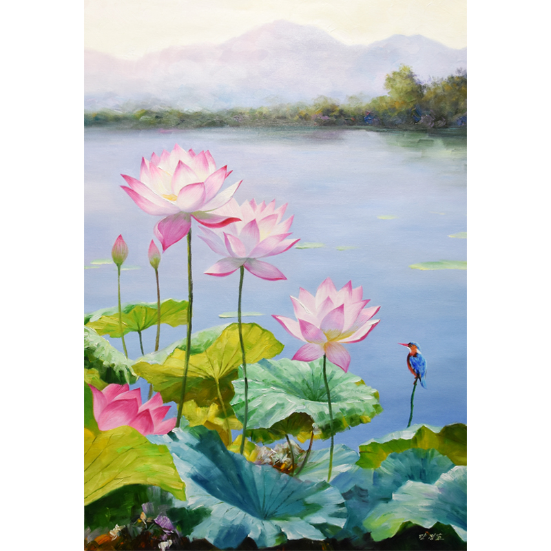 带合影朝鲜花卉风景油画 高93cm 良正孝 一级艺术家《荷花》xa980