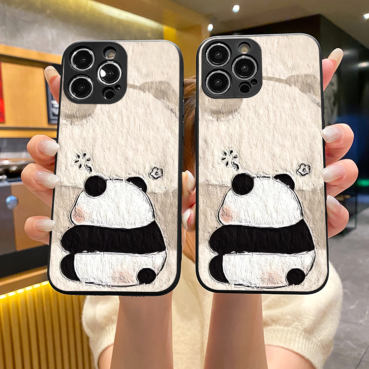 适用于苹果15PROMAX IPhone 15PLUS个性创意卡通熊猫彩绘精孔直边全包防摔简优魔方卡通手机硅胶软壳保护套